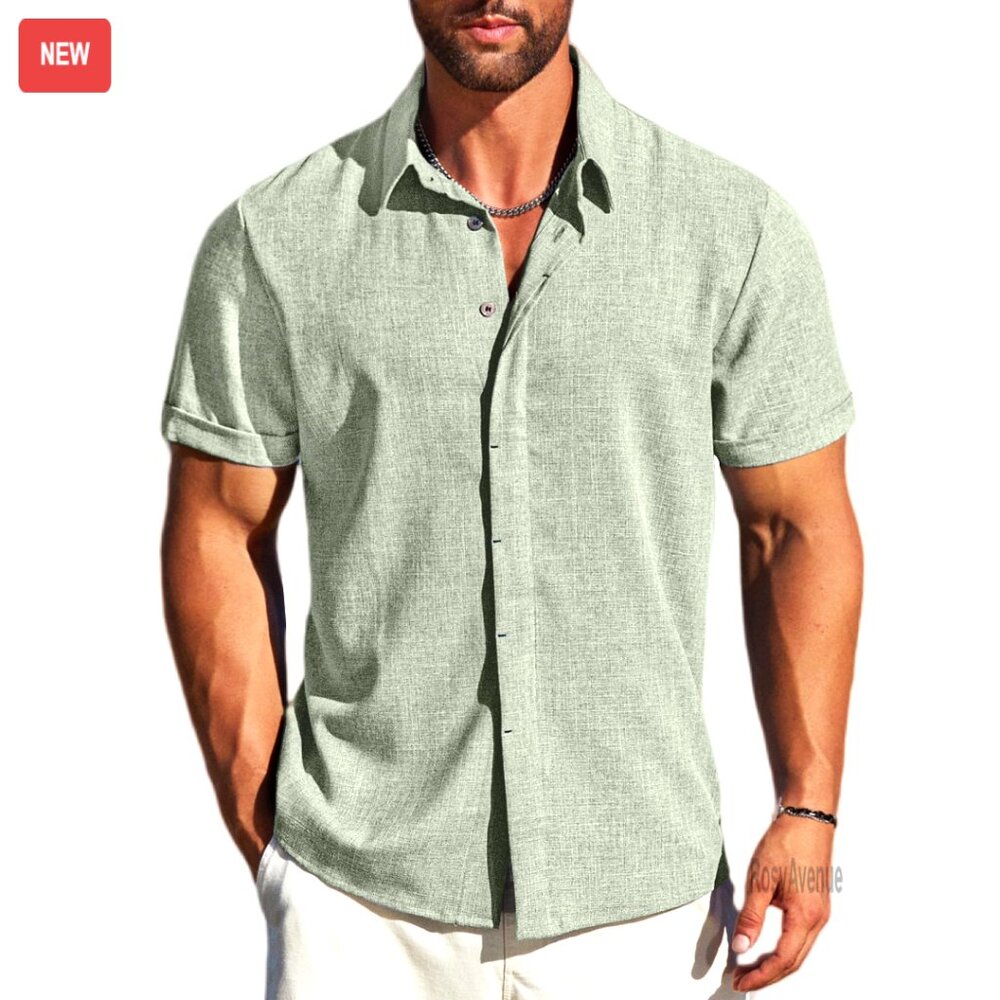 Men's Linen Short Sleeve Button Down Shirt Casual Beach Summer Top